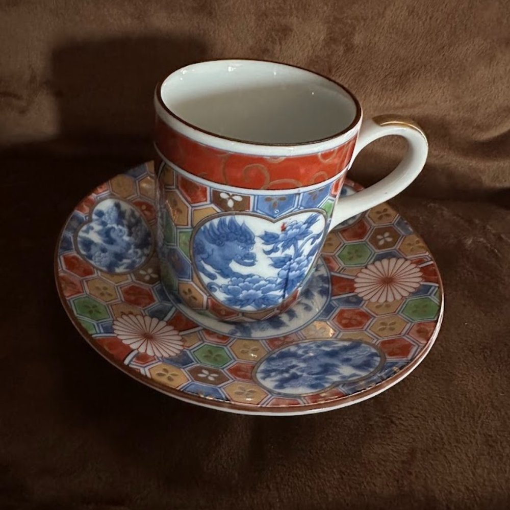 Vintage OMC Japan Porcelain Hand Painted Dragon Teacup & Saucer